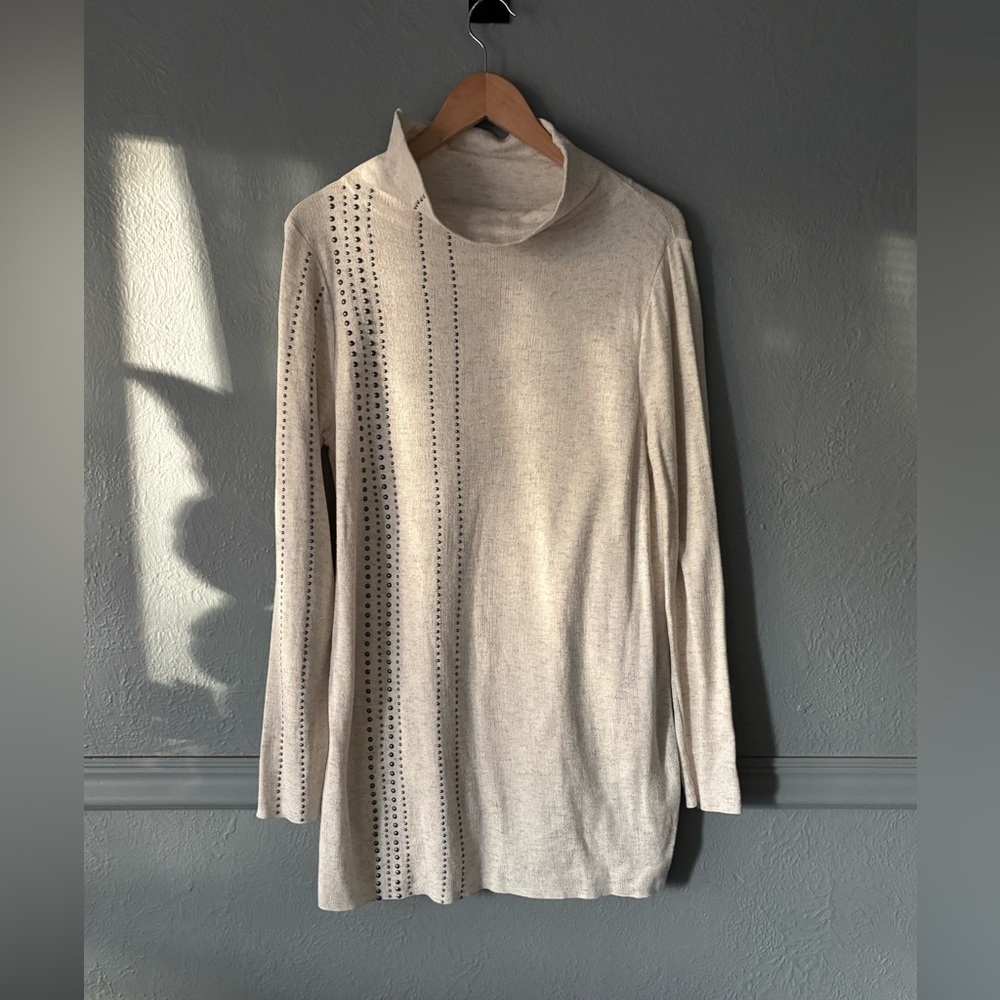 Zozo Mock Neck Tunic Sweater Dress Neutral Metallic Detail Long Sleeve L